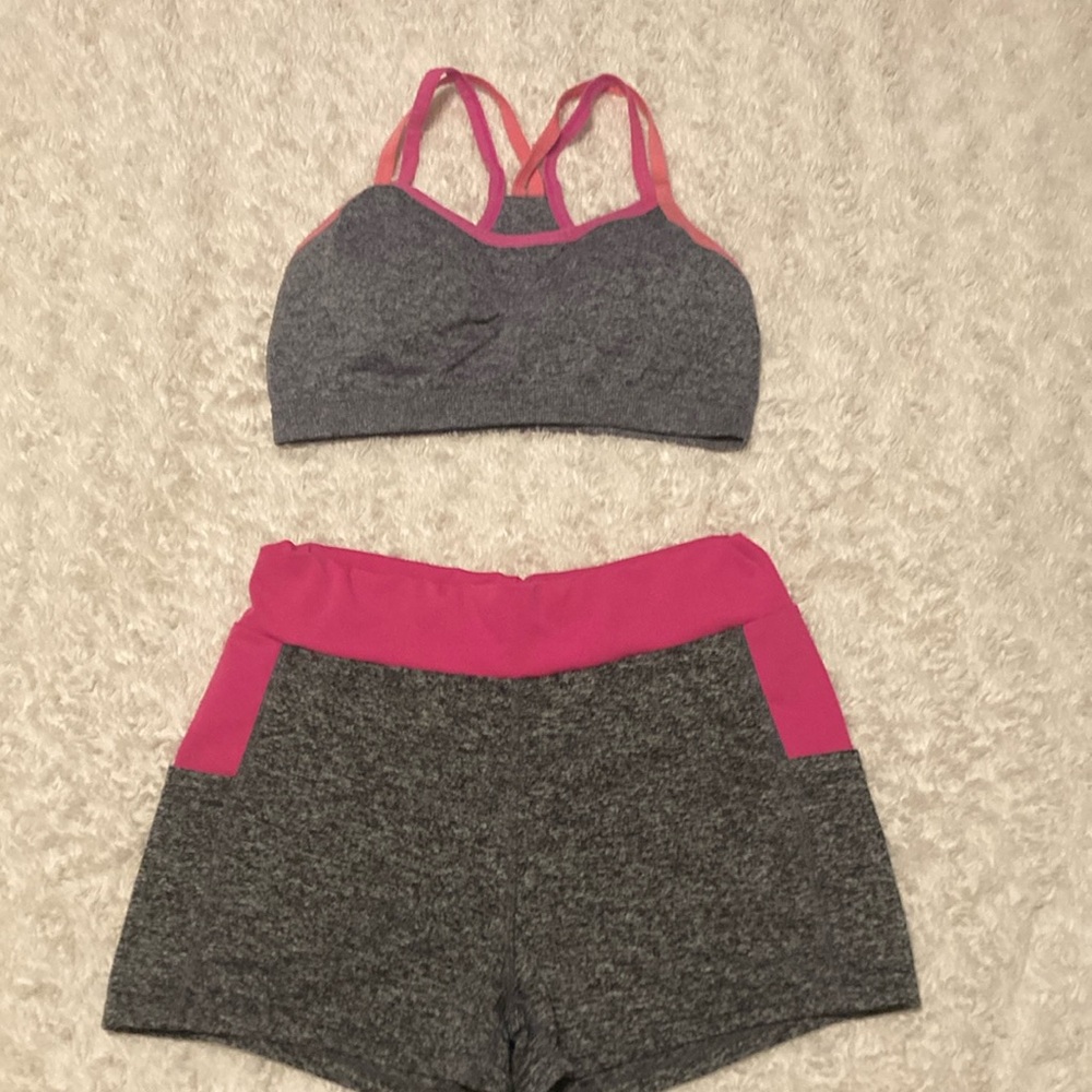 Gray and Pink Racerback Sports Bra and shorts